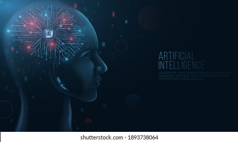 Cyborg face model. Futuristic technological brain. Computer processor and circuit board. Binary code. Artificial Intelligence. Neural networks. Data visualization design. Vector illustration
