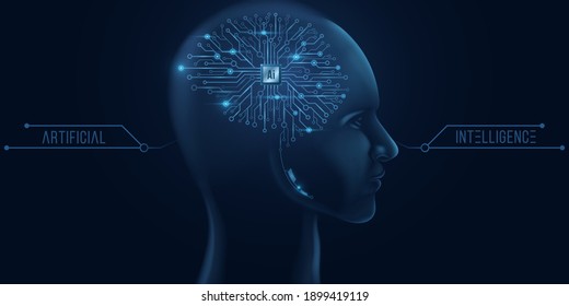 Cyborg face with technological brain. Computer processor and circuit board. Artificial Intelligence. Neural networks. Data visualization.Vector illustration