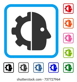 Cyborg Gear icon. Flat gray pictogram symbol inside a light blue rounded rectangular frame. Black, gray, green, blue, red, orange color additional versions of Cyborg Gear vector.