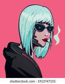 Cyborg girl in the style of the 80s smokes on a pink background