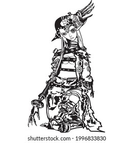 Cyborg girl without an arm and sitting on her knees