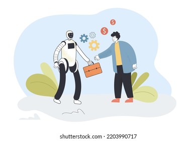 Cyborg giving suitcase to man flat vector illustration. Artificial intelligence, AI, future, assistance, help concept for banner, website design or landing web page