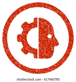 Cyborg grainy textured icon inside circle for overlay watermark stamps. Flat symbol with dust texture. Circled dotted vector red ink rubber seal stamp with grunge design on a white background.