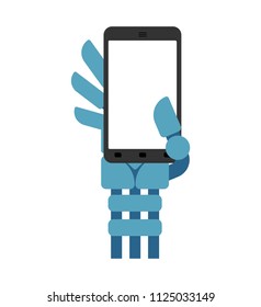 Cyborg hand and phone. Robot and gadget. Artificial Intelligence. Vector illustration