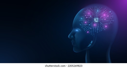 Cyborg head and artificial brain with processor. Cyberman watching into space. Artificial Intelligence background. Neural networks. Data visualization.Vector illustration. EPS 10