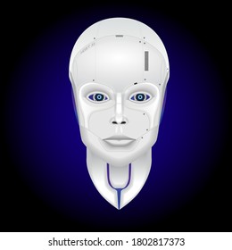 Inteligencia artificial de la cabeza del ciborg aislada en un fondo oscuro. Cara de robot hembra humanoide. Ilustración vectorial.