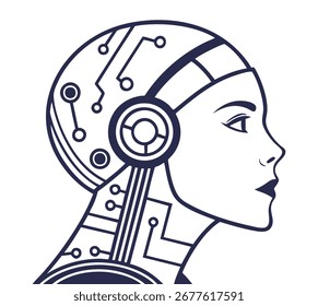 A cyborg head with a circuit board pattern is shown in a simple, outlined design. It represents the fusion of technology and humanity, ideal for futuristic concepts.