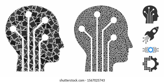 Cyborg head circuit composition of tuberous pieces in various sizes and color tints, based on cyborg head circuit icon. Vector rugged pieces are united into collage.