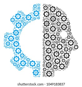 Cyborg Head collage of cogwheels. Vector gear wheel pictograms are united into cyborg head composition.