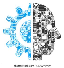 Cyborg Head collage icon created for bigdata and computing illustrations. Vector cyborg head mosaics are organized from computer, calculator, connections, wi-fi, network,