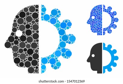 Cyborg head composition of round dots in different sizes and shades, based on cyborg head icon. Vector round dots are united into blue composition.  