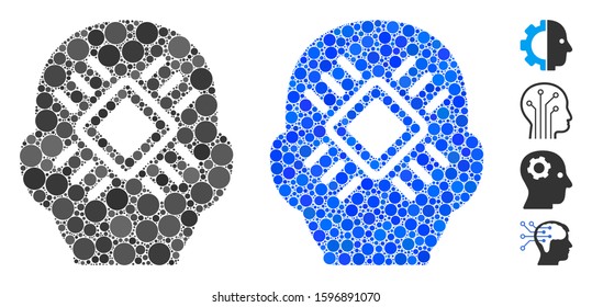 Cyborg head composition of small circles in different sizes and color tinges, based on cyborg head icon. Vector small circles are organized into blue illustration.