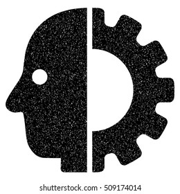 Cyborg Head grainy textured icon for overlay watermark stamps. Flat symbol with dust texture. Dotted vector black ink rubber seal stamp with grunge design on a white background.