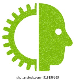 Cyborg Head grainy textured icon for overlay watermark stamps. Flat symbol with dust texture. Dotted vector eco green ink rubber seal stamp with grunge design on a white background.