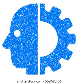 Cyborg Head grainy textured icon for overlay watermark stamps. Flat symbol with scratched texture. Dotted vector blue ink rubber seal stamp with grunge design on a white background.