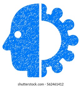 Cyborg Head grainy textured icon for overlay watermark stamps. Flat symbol with dirty texture. Dotted vector blue ink rubber seal stamp with grunge design on a white background.