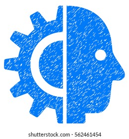 Cyborg Head grainy textured icon for overlay watermark stamps. Flat symbol with dust texture. Dotted vector blue ink rubber seal stamp with grunge design on a white background.