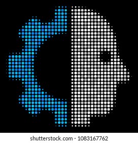 Cyborg head halftone vector icon. Illustration style is pixel iconic cyborg head symbol on a black background. Halftone pattern is constructed with spheric pixels.