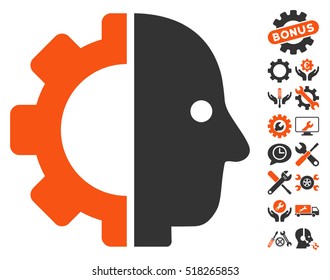 Cyborg Head icon with bonus configuration clip art. Vector illustration style is flat iconic orange and gray symbols on white background.