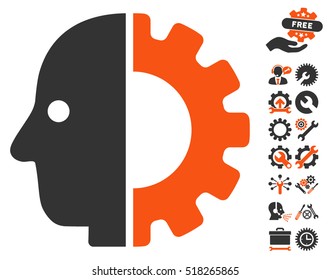 Cyborg Head icon with bonus configuration pictograph collection. Vector illustration style is flat iconic orange and gray symbols on white background.