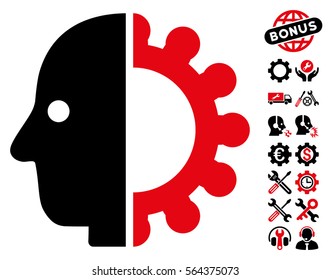 Cyborg Head icon with bonus configuration pictograph collection. Vector illustration style is flat iconic intensive red and black symbols on white background.