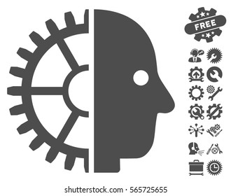 Cyborg Head icon with bonus configuration symbols. Vector illustration style is flat iconic gray symbols on white background.