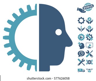 Cyborg Head icon with bonus configuration images. Vector illustration style is flat iconic cyan and blue symbols on white background.