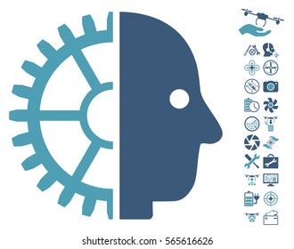 Cyborg Head icon with bonus copter tools pictograms. Vector illustration style is flat iconic cyan and blue symbols on white background.