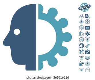 Cyborg Head icon with bonus flying drone tools pictures. Vector illustration style is flat iconic cyan and blue symbols on white background.
