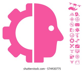 Cyborg Head icon with bonus flying drone service symbols. Vector illustration style is flat iconic symbols on white background.