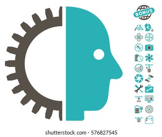 Cyborg Head icon with bonus flying drone tools icon set. Vector illustration style is flat iconic grey and cyan symbols on white background.