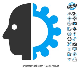 Cyborg Head icon with bonus nanocopter service pictograms. Vector illustration style is flat iconic blue and gray symbols on white background.