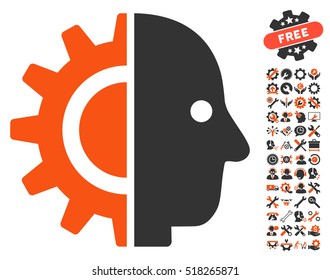 Cyborg Head icon with bonus options icon set. Vector illustration style is flat iconic orange and gray symbols on white background.