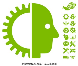 Cyborg Head icon with bonus settings clip art. Vector illustration style is flat iconic eco green symbols on white background.