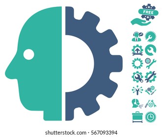 Cyborg Head icon with bonus settings symbols. Vector illustration style is flat iconic cobalt and cyan symbols on white background.
