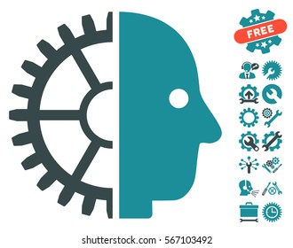 Cyborg Head icon with bonus settings images. Vector illustration style is flat iconic soft blue symbols on white background.