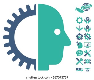 Cyborg Head icon with bonus setup tools pictograms. Vector illustration style is flat iconic cobalt and cyan symbols on white background.