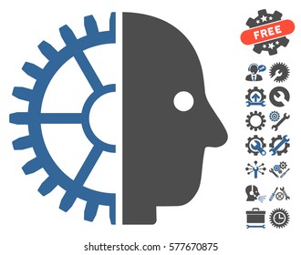Cyborg Head icon with bonus setup tools pictograph collection. Vector illustration style is flat iconic cobalt and gray symbols on white background.