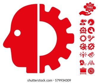 Cyborg Head icon with bonus setup tools images. Vector illustration style is flat iconic red symbols on white background.