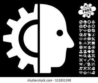 Cyborg Head icon with bonus tools pictograms. Vector illustration style is flat iconic white symbols on black background.