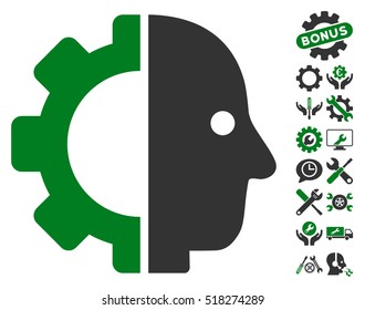 Cyborg Head icon with bonus tools pictograms. Vector illustration style is flat iconic green and gray symbols on white background.