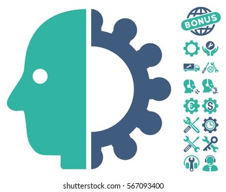 Cyborg Head icon with bonus tools images. Vector illustration style is flat iconic cobalt and cyan symbols on white background.