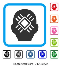 Cyborg Head icon. Flat gray iconic symbol inside a light blue rounded rectangle. Black, gray, green, blue, red, orange color additional versions of Cyborg Head vector.