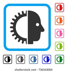 Cyborg Head icon. Flat grey pictogram symbol in a light blue rounded frame. Black, gray, green, blue, red, orange color variants of Cyborg Head vector. Designed for web and application interfaces.