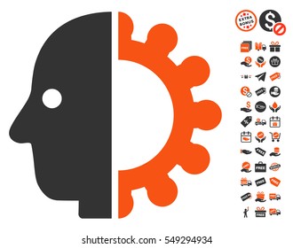 Cyborg Head icon with free bonus pictures. Vector illustration style is flat iconic symbols, orange and gray colors, white background.