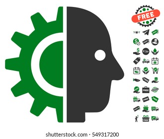 Cyborg Head icon with free bonus clip art. Vector illustration style is flat iconic symbols, green and gray colors, white background.