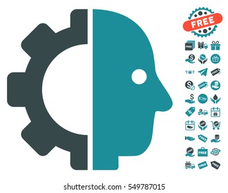 Cyborg Head icon with free bonus pictograph collection. Vector illustration style is flat iconic symbols, soft blue colors, white background.
