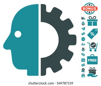 Cyborg Head icon with free bonus pictures. Vector illustration style is flat iconic symbols, soft blue colors, white background.
