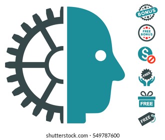 Cyborg Head icon with free bonus pictograms. Vector illustration style is flat iconic symbols, soft blue colors, white background.