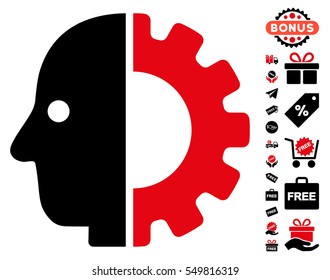 Cyborg Head icon with free bonus pictograph collection. Vector illustration style is flat iconic symbols, intensive red and black colors, white background.